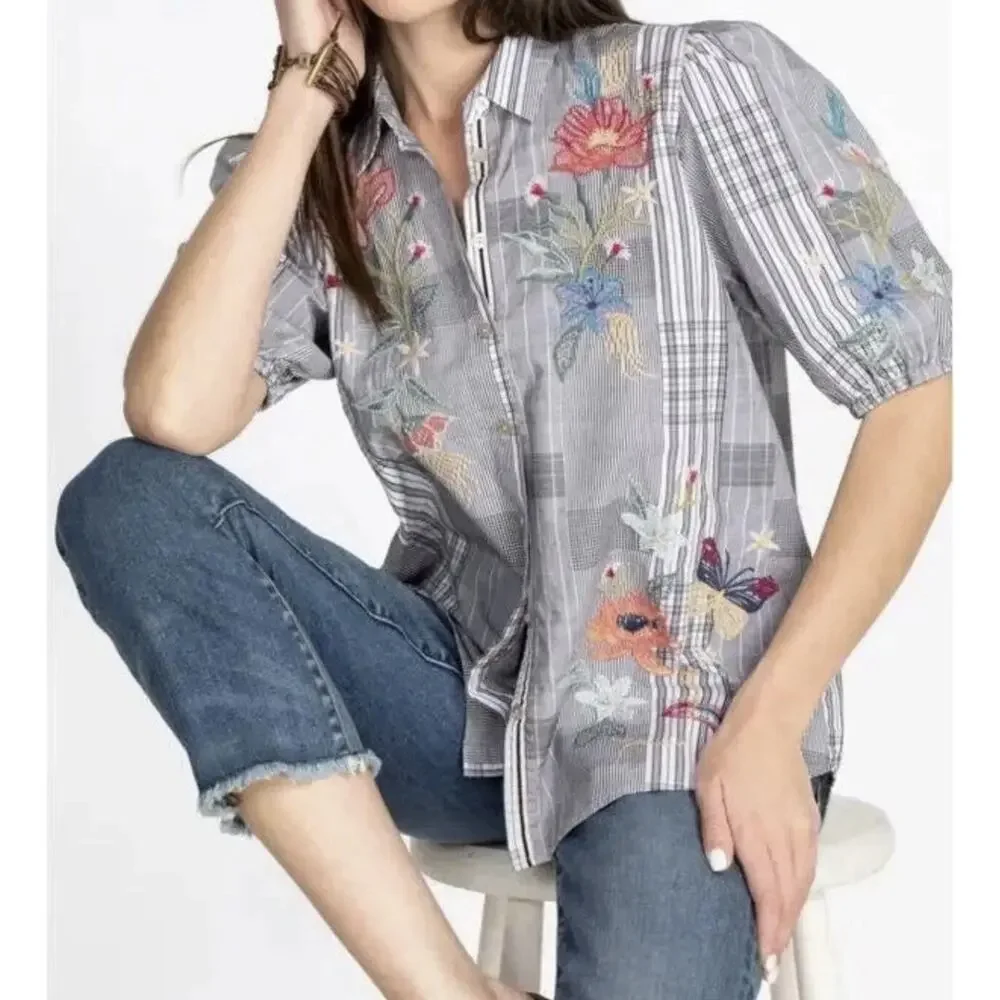 NWT JOHNNY WAS Jordan Lisbon Shirt S Grey Floral Embroidered Plaid 100% Cotton
